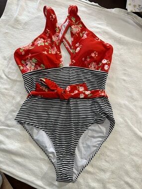 Cupshe Red Floral & Black White Striped One-Piece Swimsuit